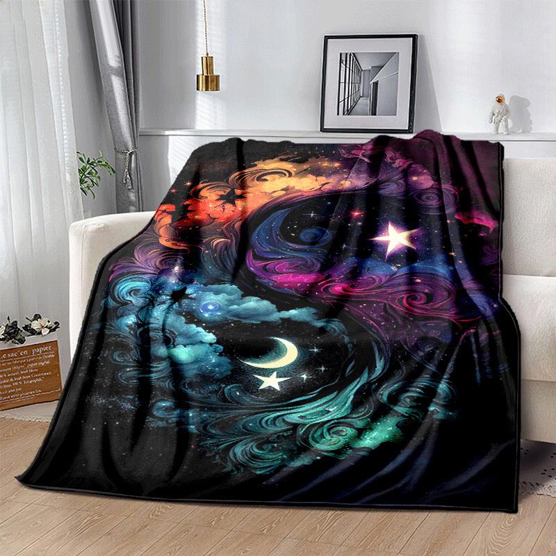 1pc Moon and Stars Printing Lightweight Flannel Blanket, Comfortable and Warm Blanket, for Camping Sofa Bed and Couch Office, Suitable for Gi
