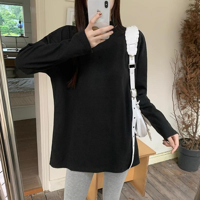 German Velvet Thickened Bottoming Shirt T-shirt for Women Autumn and Winter Half Turtleneck Loose Mid-length Sweatshirt Layered with Long-sleeved Top