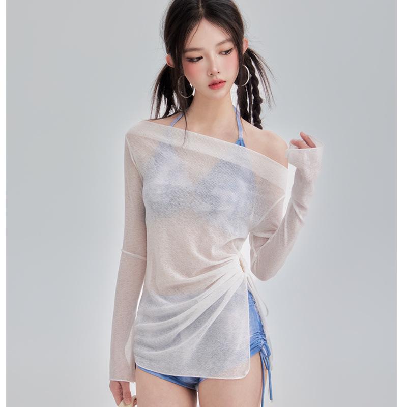 Damski trzyczęściowy zestaw kąpielowy: Bluzka z nadrukiem, Denim, Zakrywająca brzuch dla wyszczuplającego wyglądu, Konserwatywny styl gorących źródeł, Mały biust, Czysta elegancja.