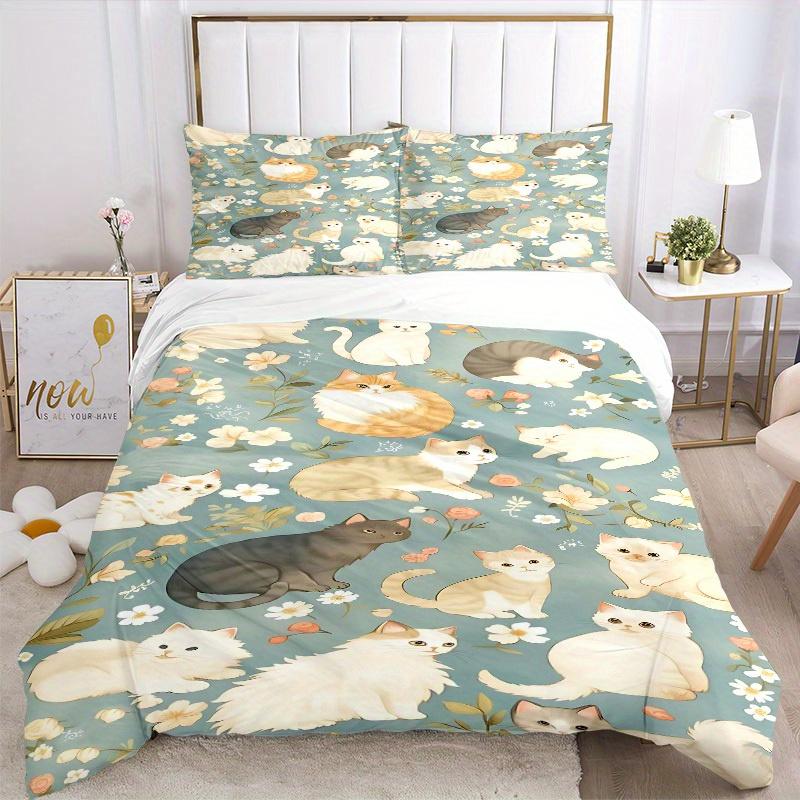3pcs Cats Flowers Bedding Cover Set, Fashion Classic Popular Print Bedding Set, Soft Comfortable, All Season Use, For Bedrooma0819100