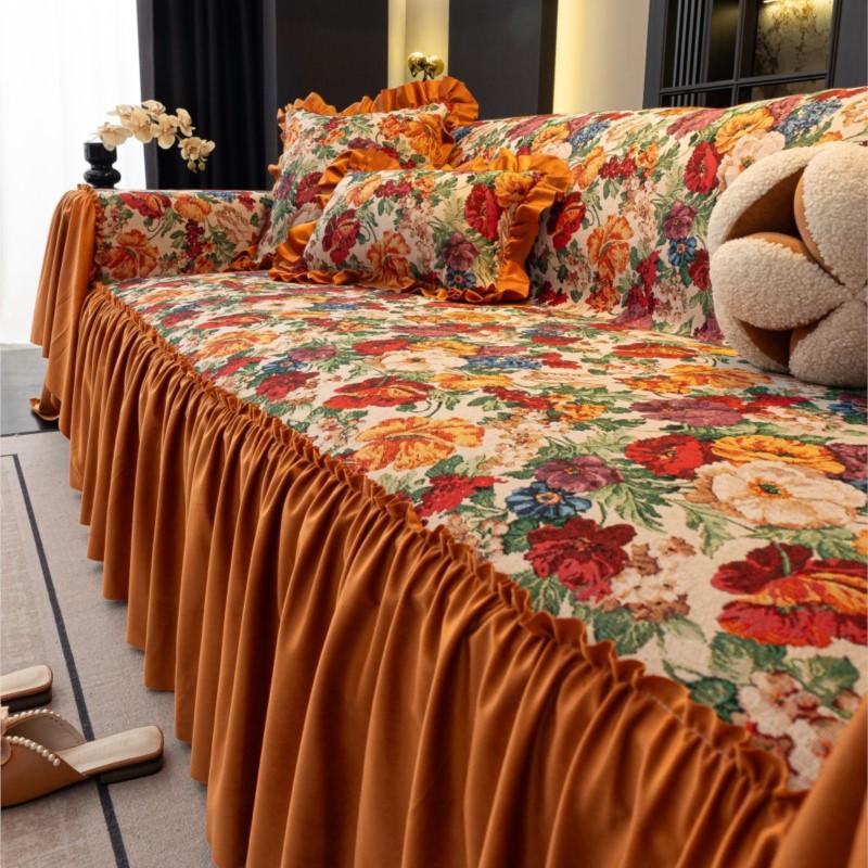 French Ruffled Edge Mat Aesthetic Anti-Slip Cooling Flower Printed Couch Cushion Mats Autumn Universal Chenille Sofa Cover