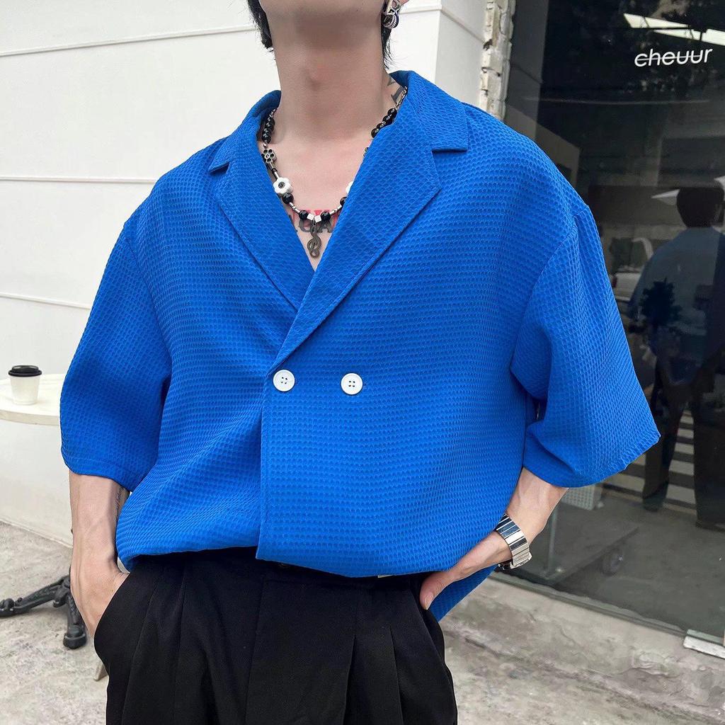 Men's Stylish V-Neck Waffle Collar Shirt - Short Sleeved & Loose Fit