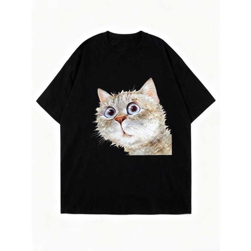 Oversized T Shirt Black Cat Face Print Casual Wear for Women