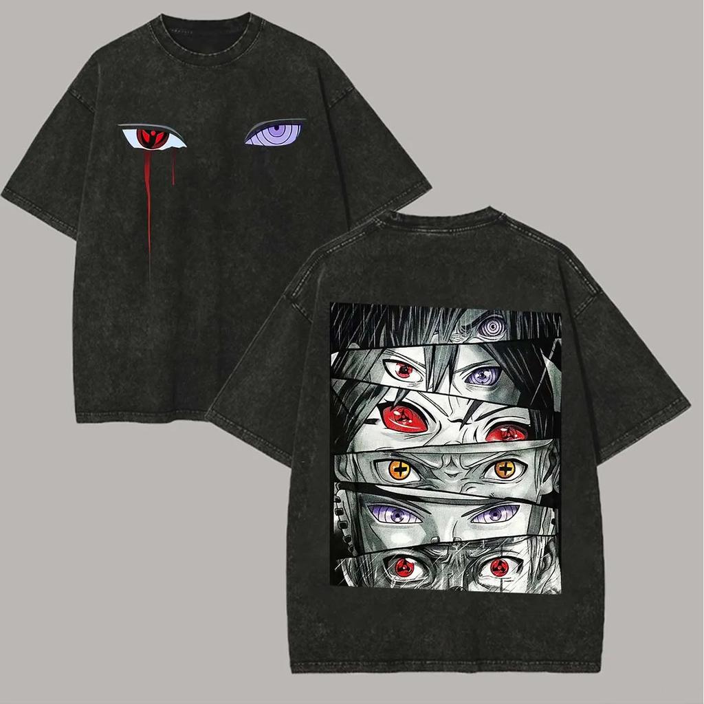Sharingan T Shirt Naruto Men Acid Wash Back Print Rinnegan Eye Anime Graphic Cotton Streetwear Sasuke Madara Vintage Bootleg Tee