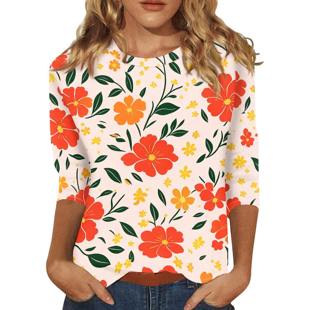 Damen Lässiges Blumenmuster Oberteil Dreiviertelarm Rundhals Bluse Leicht Bequeme Passform Stilvolles Design