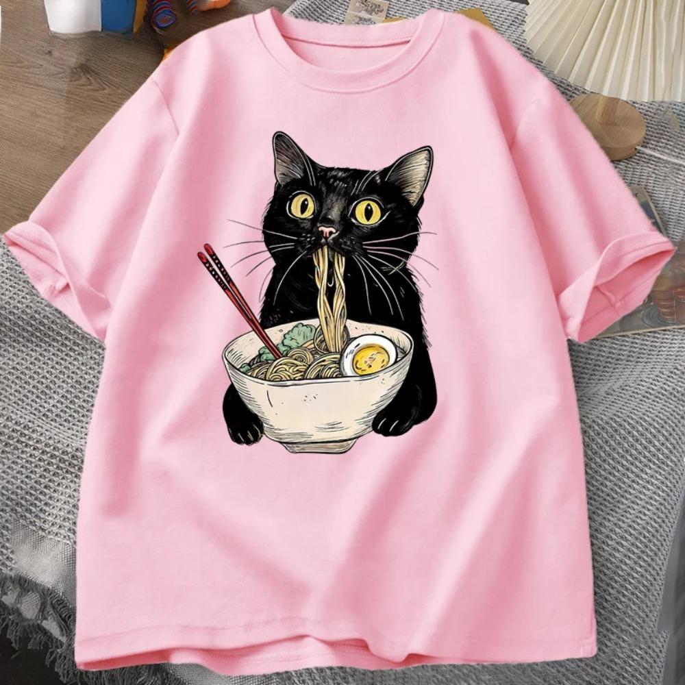 Noodle Ramen Cat T-Shirt Foodie Lover T Shirts Black Cat Noodle T-Shirts Retro Casual Short Sleeve Tshirt for Men Women Clothes