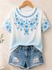 Women's Simple and Versatile Casual Short-Sleeve Floral Print Round-Neck Elegant T-Shirt Stylish Loose-Fitting Women's Top