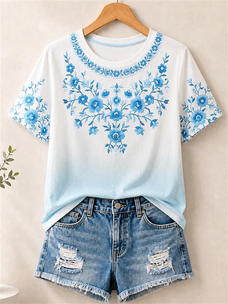 Women's Simple and Versatile Casual Short-Sleeve Floral Print Round-Neck Elegant T-Shirt Stylish Loose-Fitting Women's Top