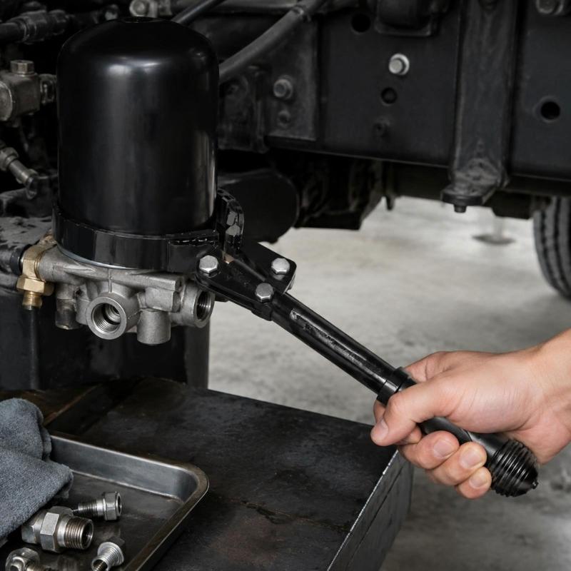 Manual Truck Maintenance Tool for Air Dryer Filter Service, Steel Long Handle Removal Tool for Turning Over-Tightened Filters with Control