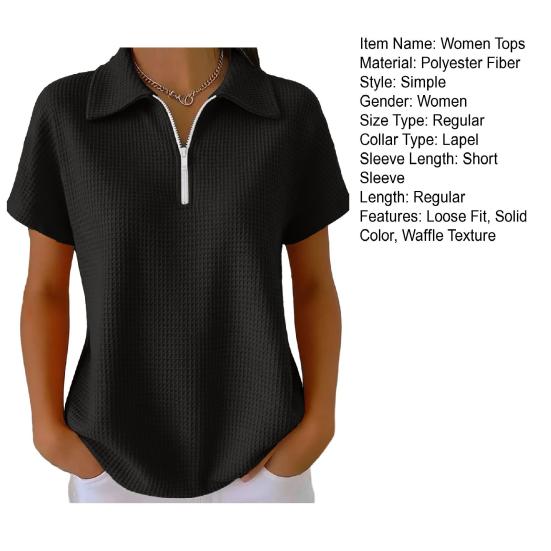 Women Tops Lapel Short Sleeve Zipper Half Placket Shirt Tops Pure Color Waffle Texture Loose Fit Casual Shirt Home Dates Versatile Wear