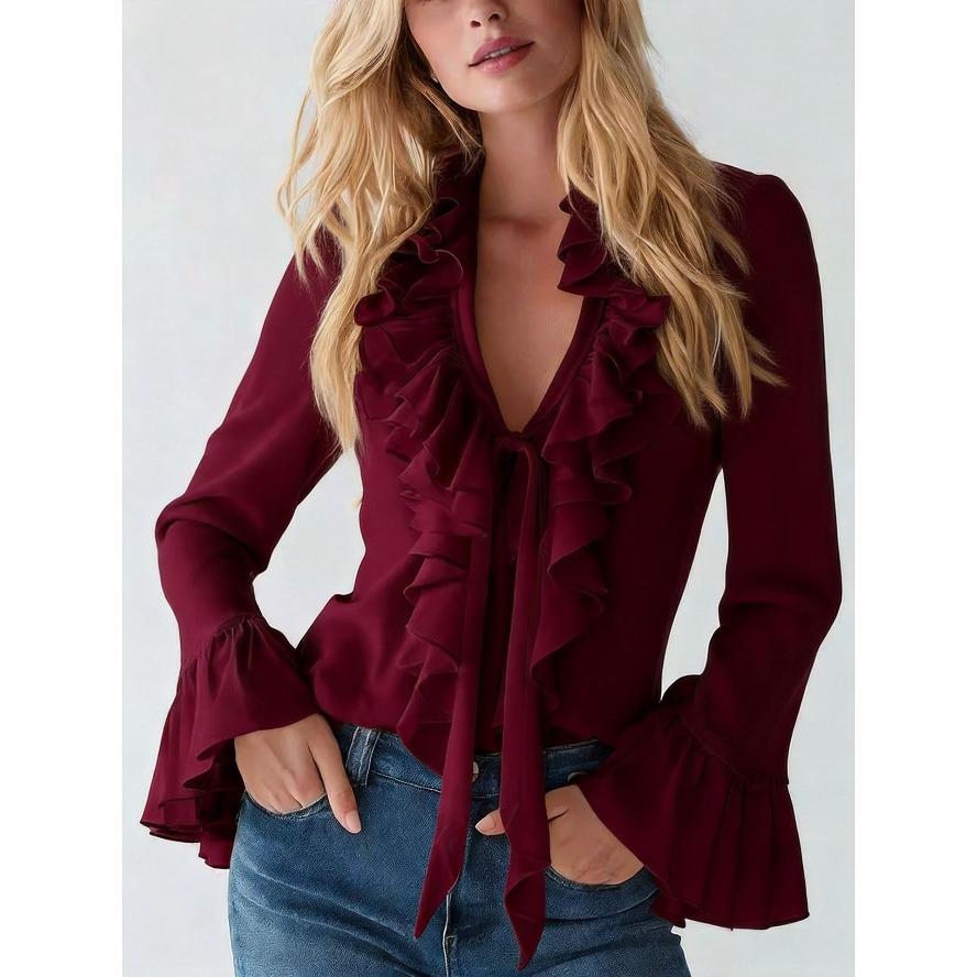 Dames V-hals Ruffle Rand Uitlopende Lange Mouw Casual Effen Kantoor Blouse