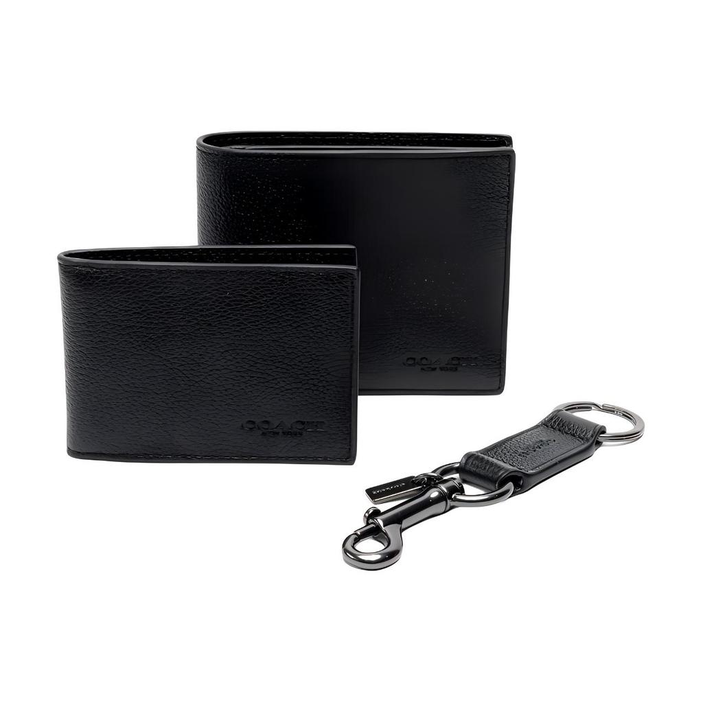 Coach 3 In 1 Wallet 11 Logo Embossed Smooth Calfskin Set Men Wallets Black CS433-BLK