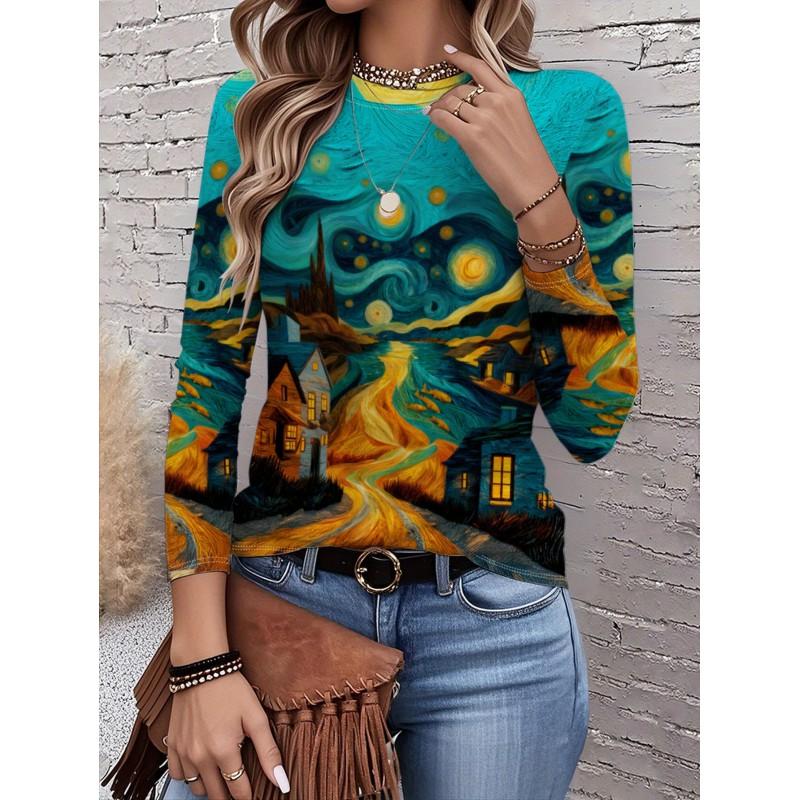 Womens Round Neck 3D Dinosaur Print Tee - Casual Fit 7/8 Sleeve 2025
