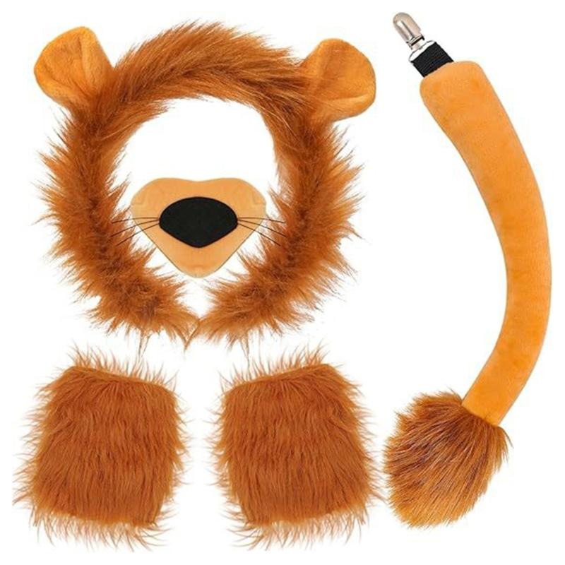 Animal Cosplay Costume for Kid Birthday Cosplay Party, Halloween Lion Dress up Costume, Lion Hairband, Tail, Bowtie
