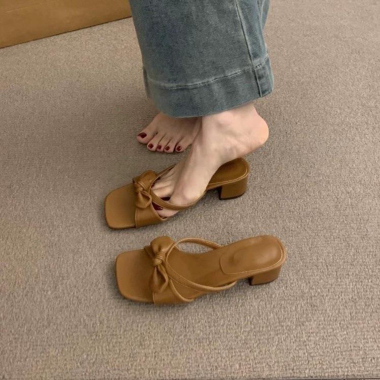 2025 New French Square Head Open-toed One-word Cool Slippers Women Wear Fairy Style Versatile Thick-heeled Slippers In Summer