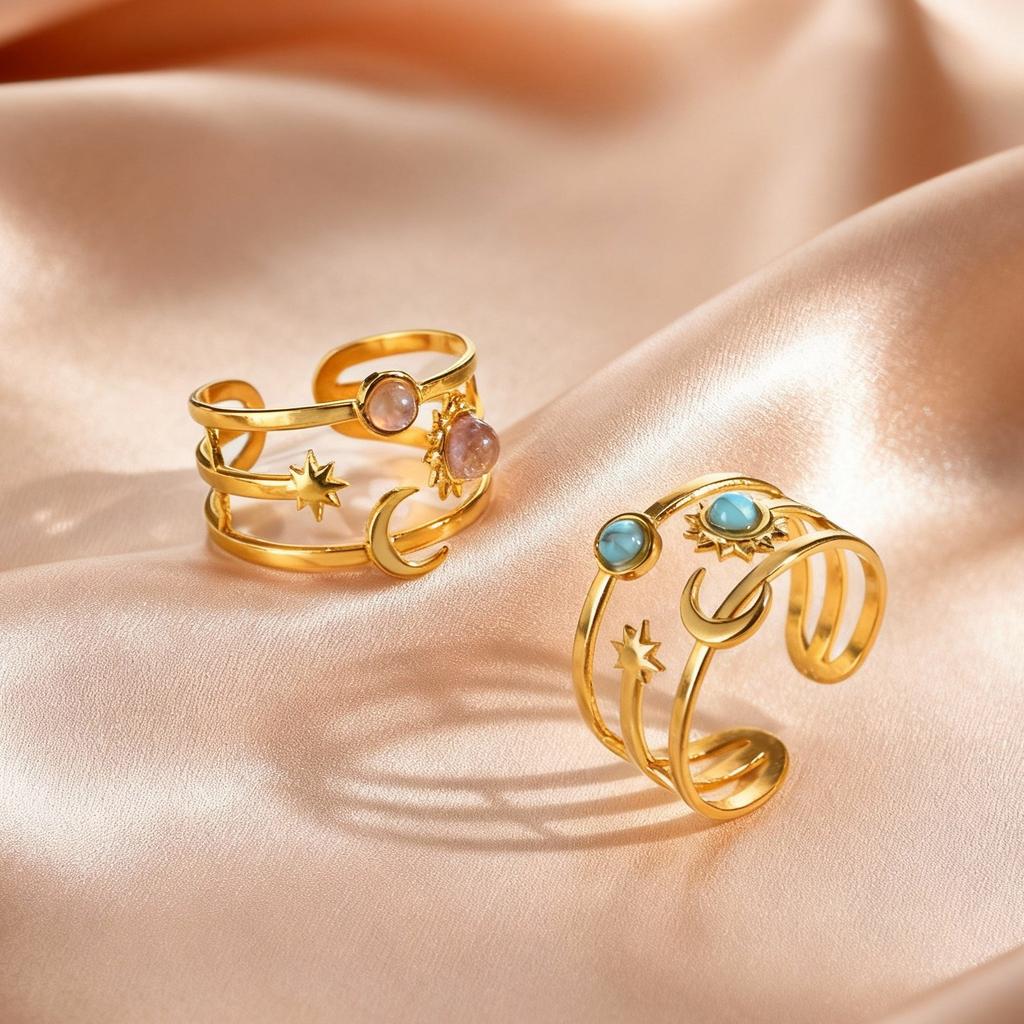 Natural Stone Turquoise Star Sun Multi Layers Stainless Steel Open Rings for Women Aesthetic Finger Jewelry Waterproof