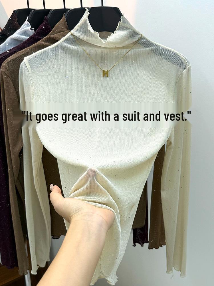 Purple Sequin High Neck Ruffle Lace Top - Women's Slimming Long Sleeve T-Shirt for Autumn/Winter Trends