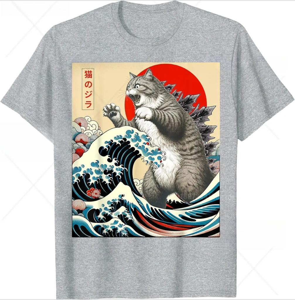 Funny Cartoon Comic Style Japanese Art Catzilla Cat Gifts for Women TShirt Unisex Cotton Oneck Tee Top Fashion Fitness T Shirt