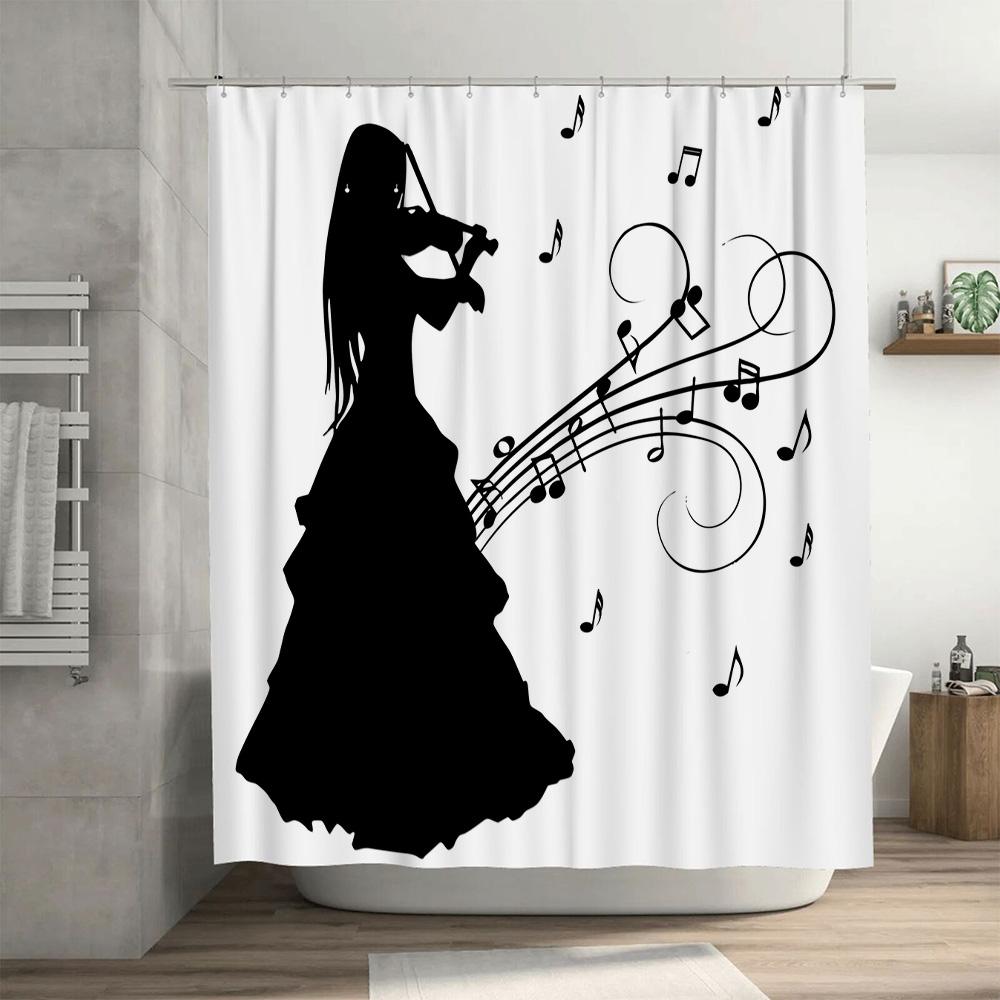 Charming Bathroom Curtain Set With Musical Note Design For Kids Bath Decorations White Shower Curtain Fabric For Home Decoration