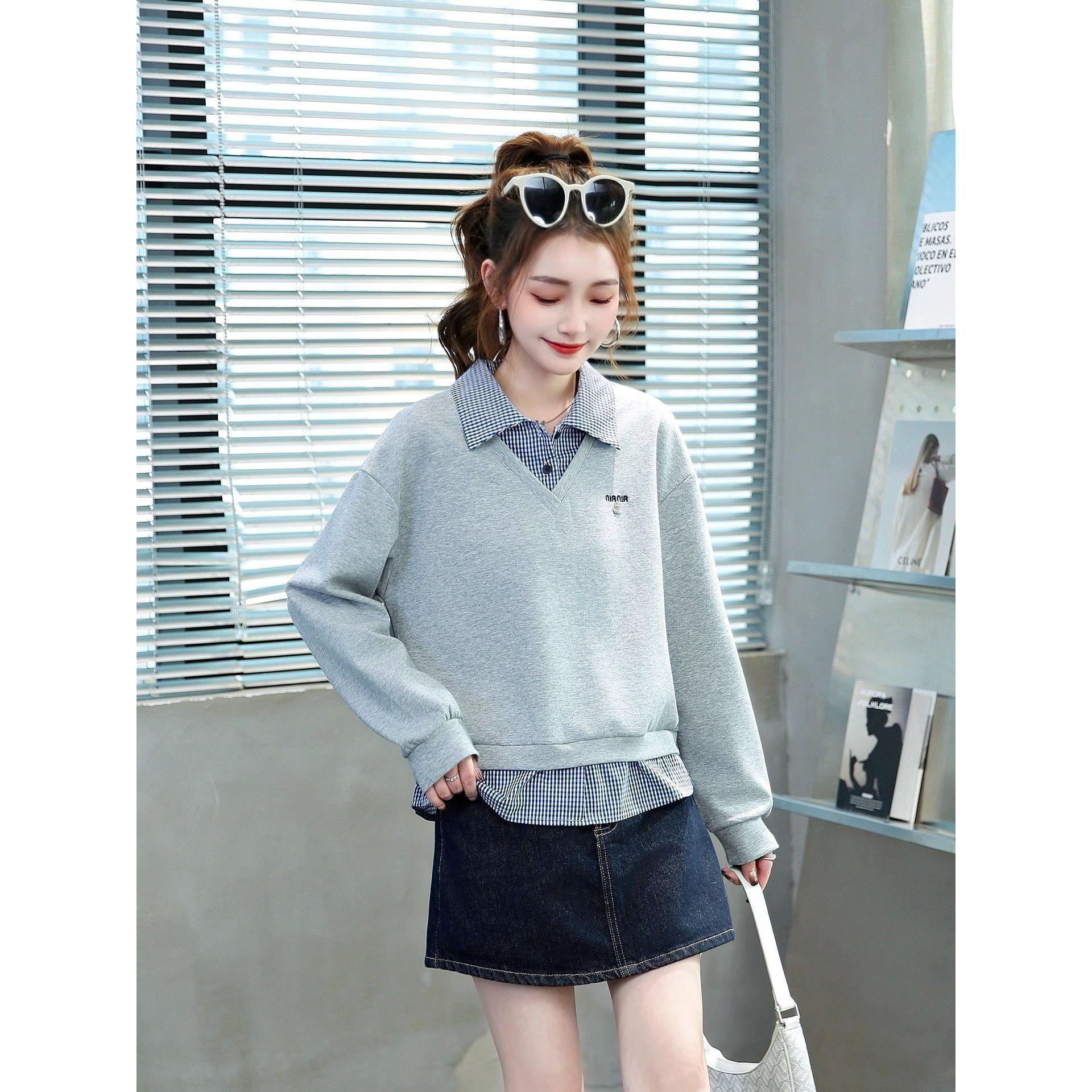 2025 Women s Plaid Polo Collar Long-Sleeve Hoodie with Embroidered Design Extra Small серый