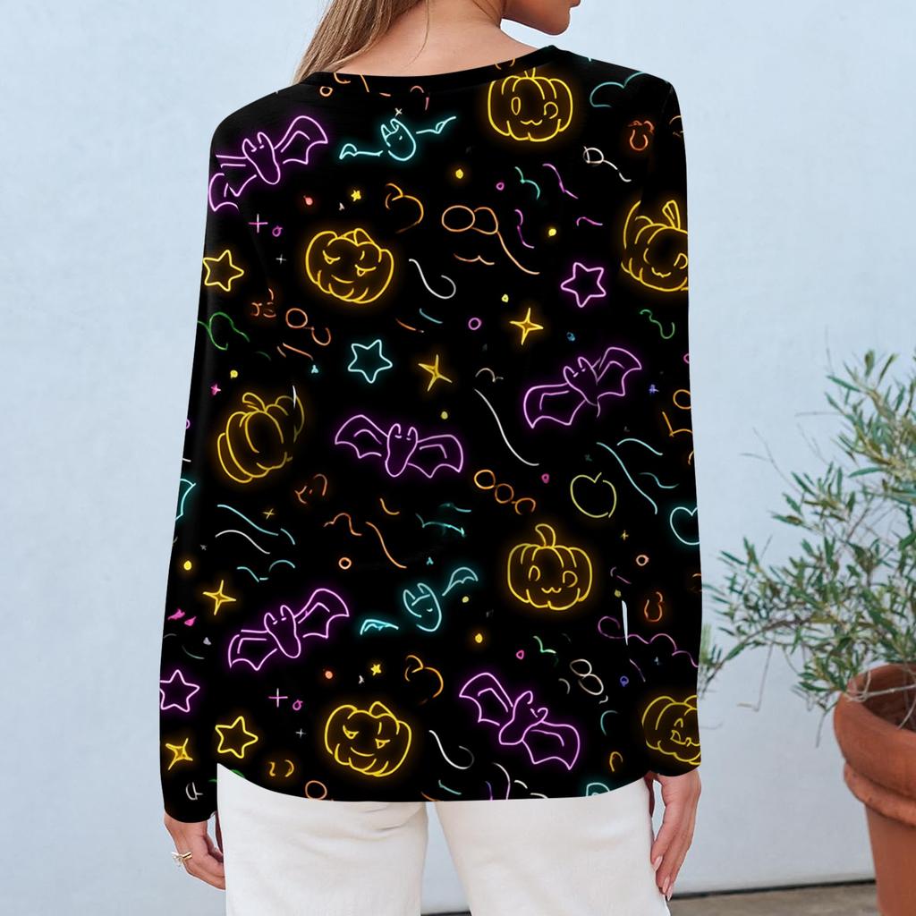 Modisches, lässiges Langarm-Oberteil mit Rundhalsausschnitt und Halloween-Print für Damen