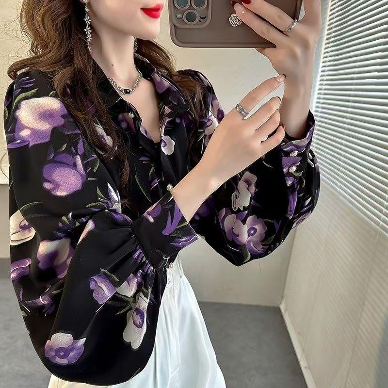 Retro Women's Printed Shirt Slim-fit Lantern Sleeve Floral Shirt Collared Chiffon Shirt Spring