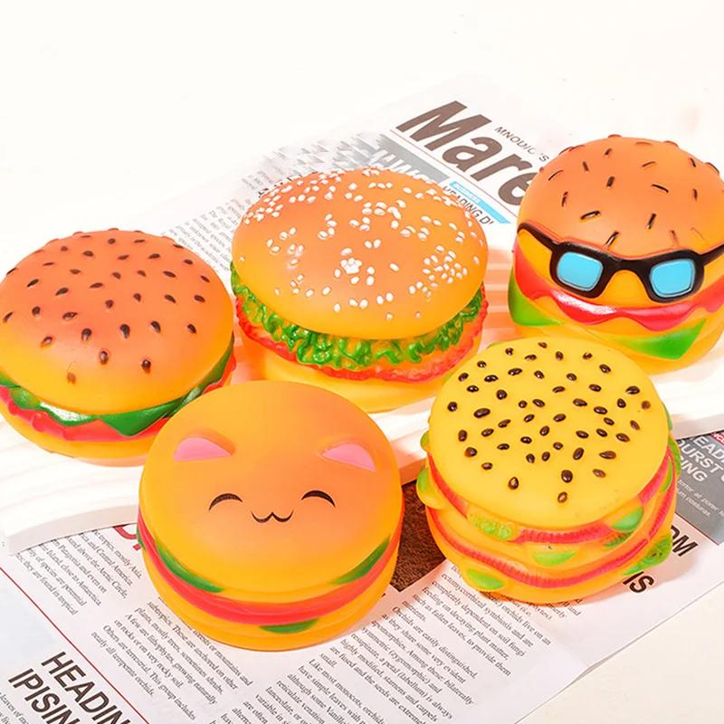 Squeaky Hamburger Dog Toy Vinyl Chew Toy for Teeth Cleaning Molar Care Interactive Pet Squeaker Toy