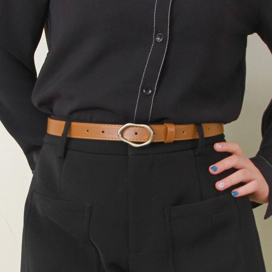 Imitation Leather Women Belt Versatile Solid Color Design Irregular Oval Buckle Pin Waistband Dress Shirt Top Waist Belt