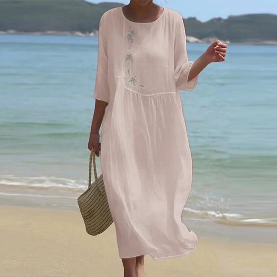 Damen Frühling Herbst Kleid Blumenstickerei Rundhalsausschnitt Dreiviertelarm Locker Midikalb