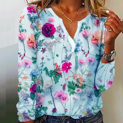 Elegante Büro-Oberteile für Damen, lässig, mit Pflanzen- und Blumendruck, Vintage-Bluse mit V-Ausschnitt und langen Ärmeln, Damenbekleidung 25966