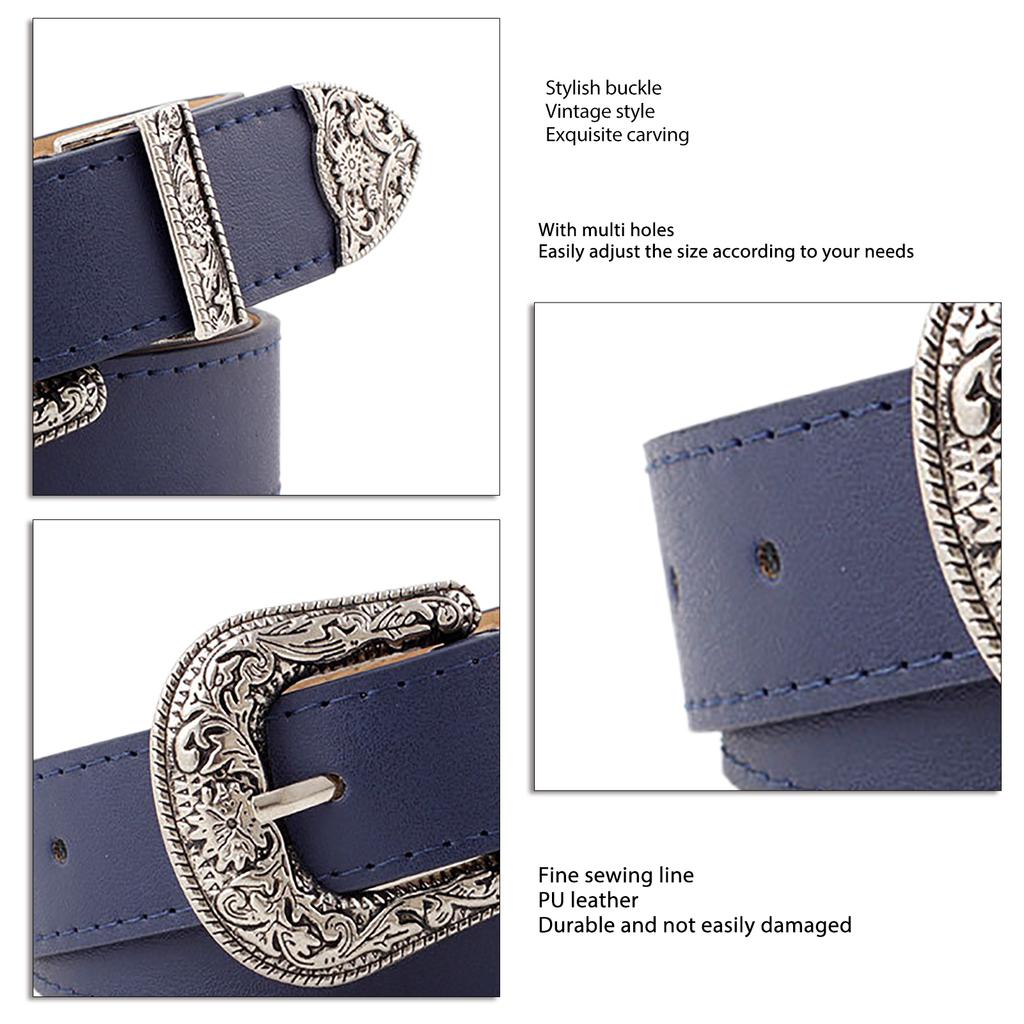 Women Waist Belt Exquisite Carved Buckle Adjust Size Fashionable Waist Belt for Pants navy Blue Free Size