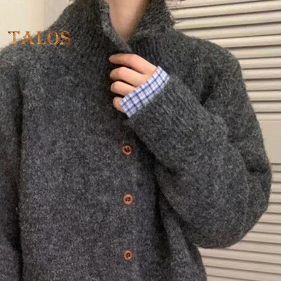 Women Plush Sweater Coat High Collar Long Sleeve Loose Fit Design Knitting Sweater Buttons Closure Knitwear