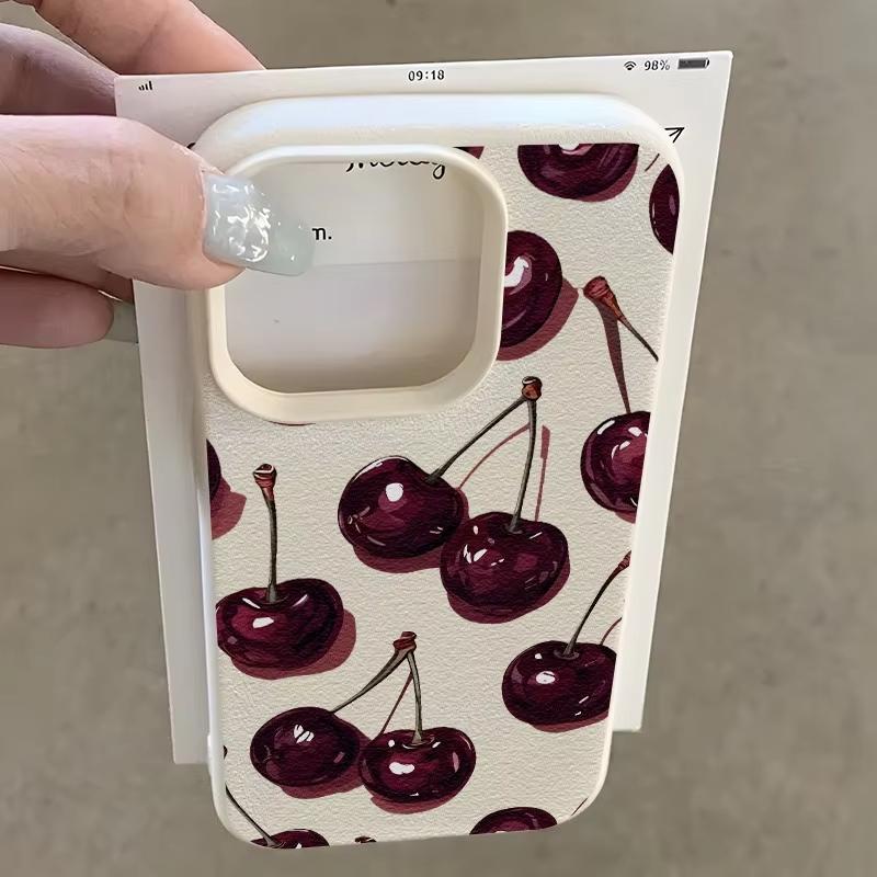 Wine Red Cherry Pattern Lychee Texture Phone Case For iPhone 17 Pro Max 11 12 13 14 15 16 17 Air 15 Plus X XS XR 16E Soft Cover