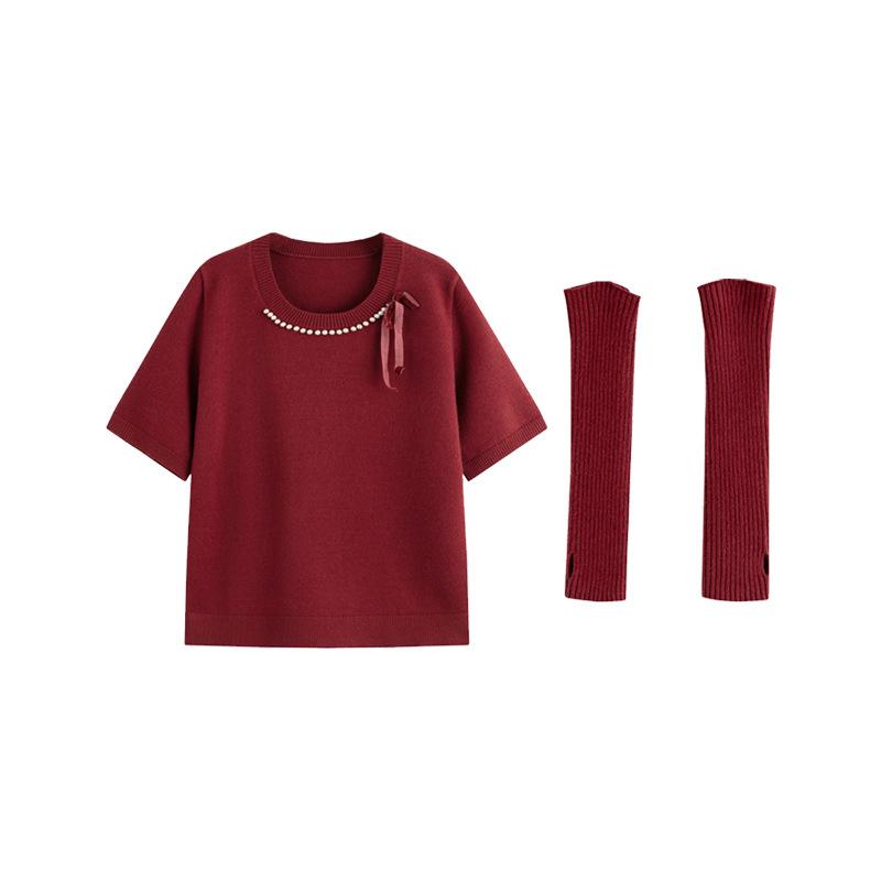 

Плюс Размер Женский Круглый вырез Дизайн Бисером Короткие рукава Свитер Трикотажный Топ XXXL бордовый