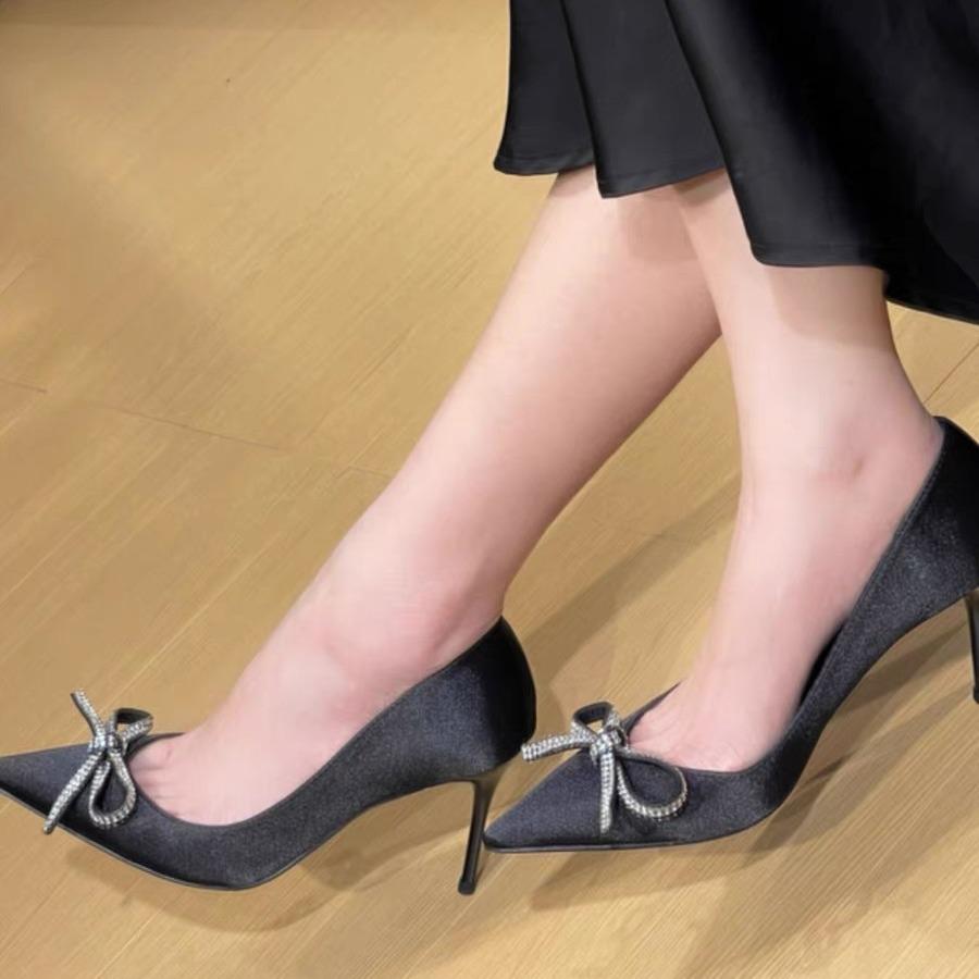 2025 Spring and Autumn New Rhinestone Bow Thin Medium High Heel Shallow Mouth Single Shoes Celebrity Temperament Sexy Niche Single Shoes