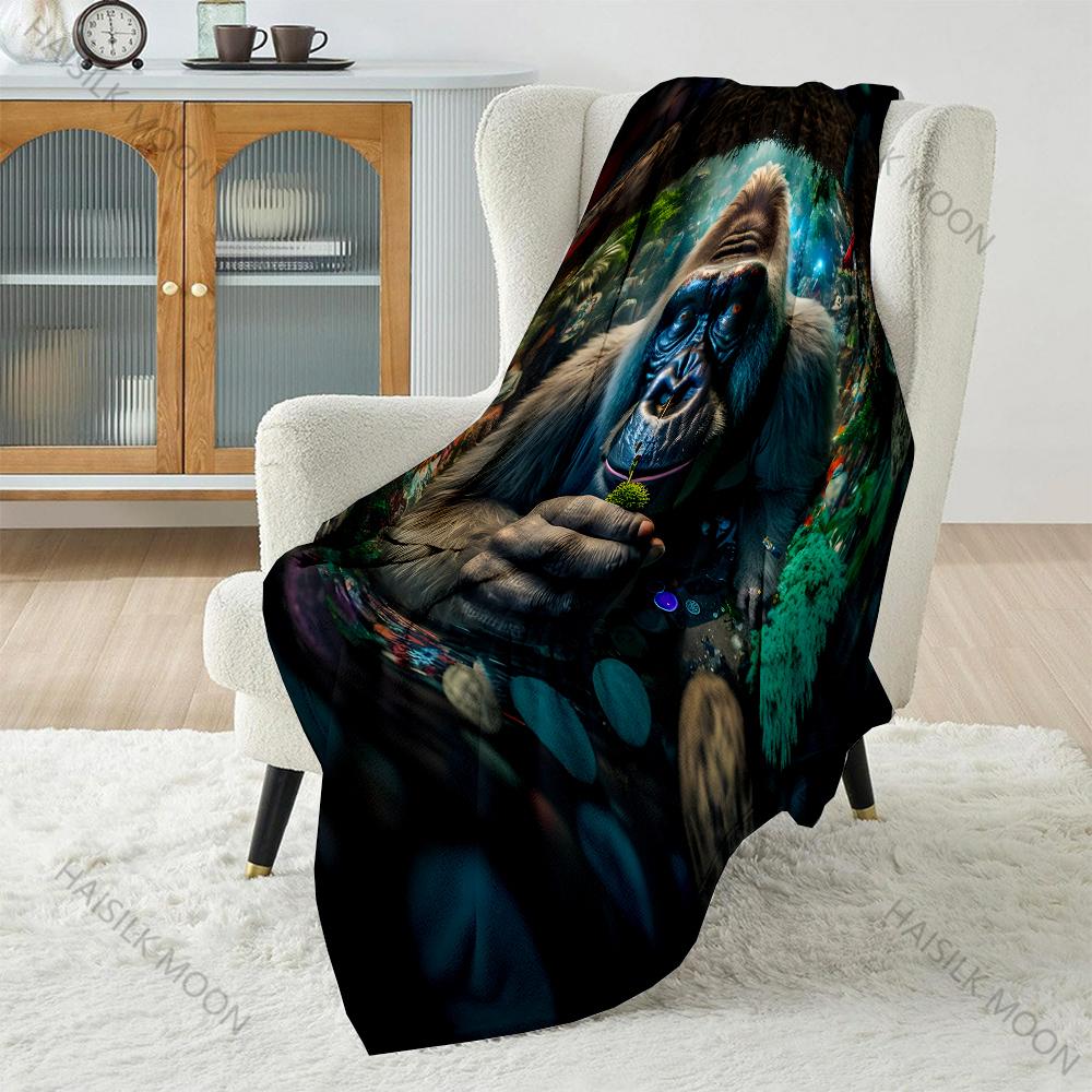 Gorilla Surrounded By Lush Greenery Pattern Blanket Flannel Material Soft Warm for All Seasons, Home Outdoor Camping Picnics RV