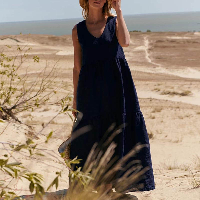 

Элегантное женское платье-торт с V-образным вырезом и драпировкой - Весенне-летнее платье макси из чистого хлопка свободного кроя на тонких бретелях Small темно-синий