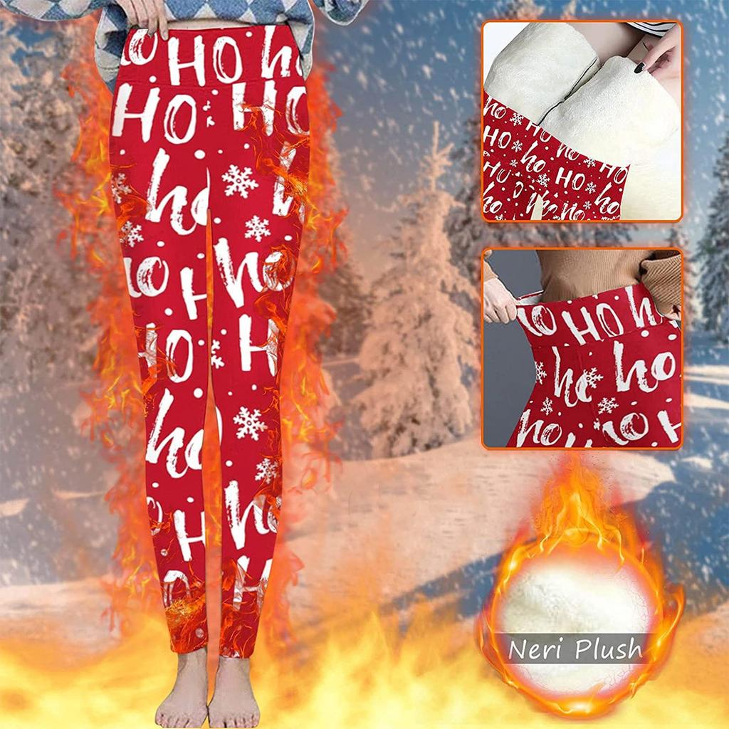 Womens Christmas Print Thickened Lambswool High Waist Stretch Thickened Cashmere Warm Pants