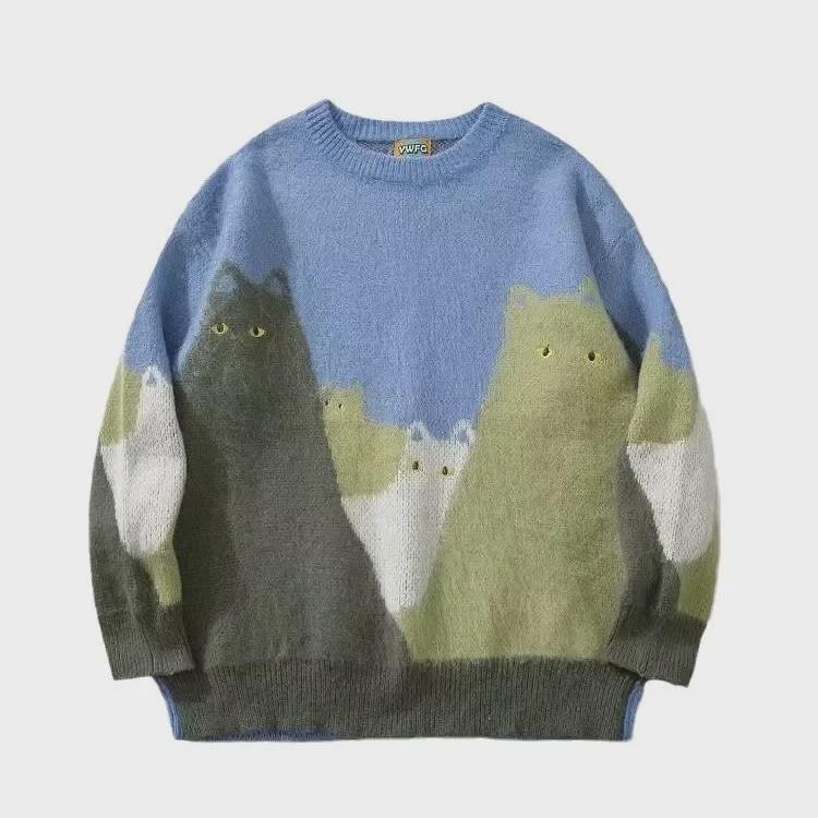 Euroamerikanischer Herbst/Winter Katzenmuster Jacquard Strickpullover - Langärmlig, Lockere Passform, Rundhalsausschnitt, Lässiger Komfort