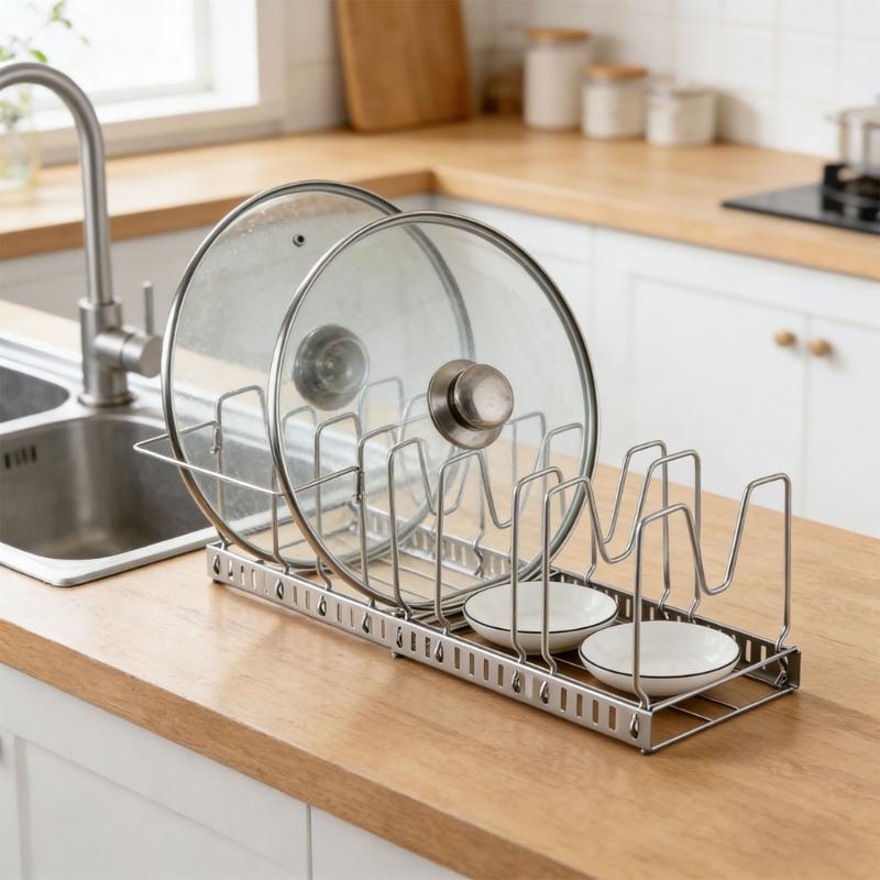 Steel Adjustable Pot Lid Rack Wall Mounted Organizers For Kitchen Storage Solution with Tool Easy Setups for Kitchen Use