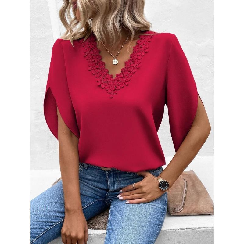 Women's Fashion Casual Summer Spring Solid Color Print 1/2 Sleeves V-Neck Blouses & Shirts
