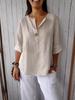 European Chic V-Neck Cotton Linen Mid-Sleeve Top for Plus Size Women - Spring/Summer