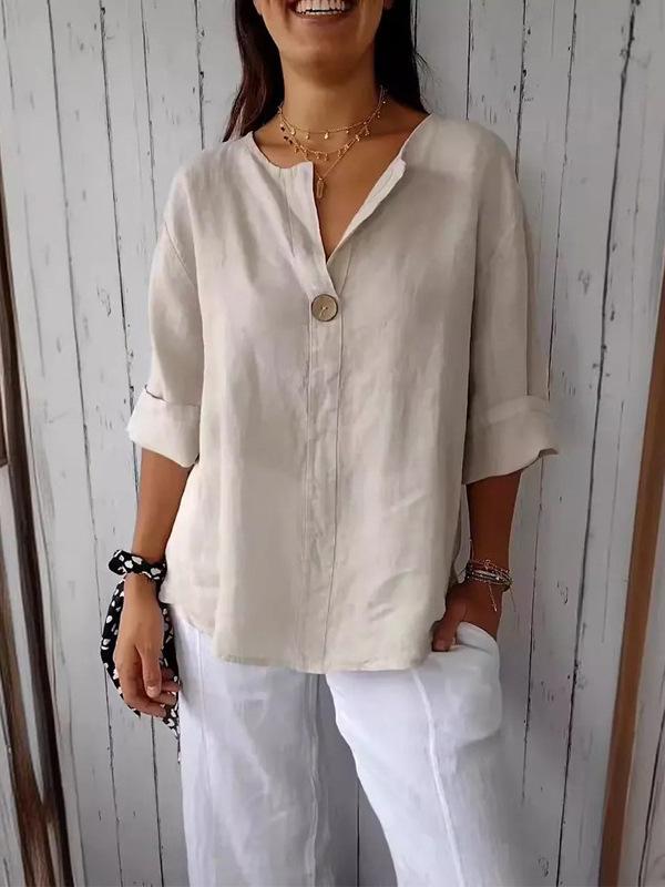 European Chic V-Neck Cotton Linen Mid-Sleeve Top for Plus Size Women - Spring/Summer