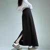 Women's Gray High Waist A-line Midi Skirt - Autumn Sporty Style with Straight Slit and Draping
