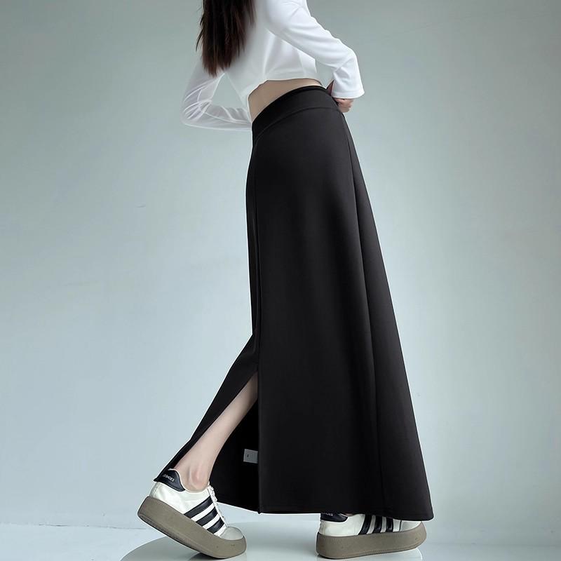 Women's Gray High Waist A-line Midi Skirt - Autumn Sporty Style with Straight Slit and Draping