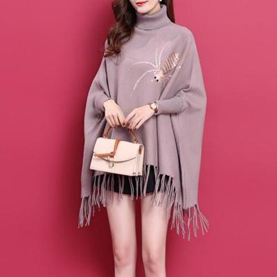 Pullover Solid Sweater Female Winter New High Collar Tassel Knitted Sweater Bat Shirt Coat Women Sequins Loose Solid Cape Female