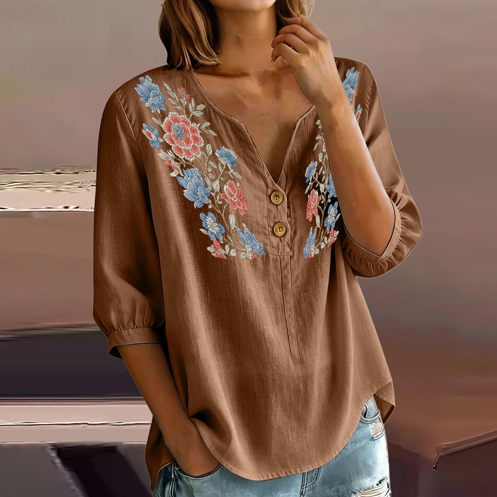 Women Floral Pattern Henley Button Neck Shirt Three Quarter Sleeve Loose Fit Linen Cotton Blouse Casual Top for Daily Wear