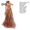 Women Evening Dress Mesh Colorful Printing Low-cut Sleeveless Backless Spaghetti Strap Pleated A-line Floor Length Tight Waist
