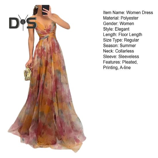 Women Evening Dress Mesh Colorful Printing Low-cut Sleeveless Backless Spaghetti Strap Pleated A-line Floor Length Tight Waist