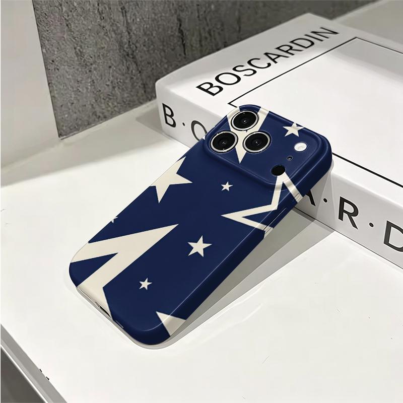 Navy Cream Oversized Star Geometric Pattern Art Film Aesthetic Protective Shockproof Bumper Phone Case Cover For iPhone 13 14 15 16 17 Pro Max Plus